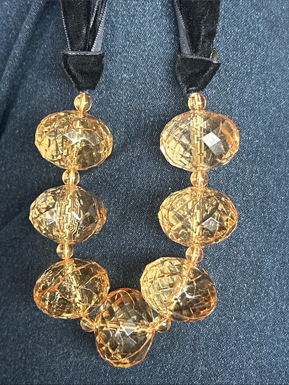 Black Velvet Tie Necklace with Amber Crystal Beads